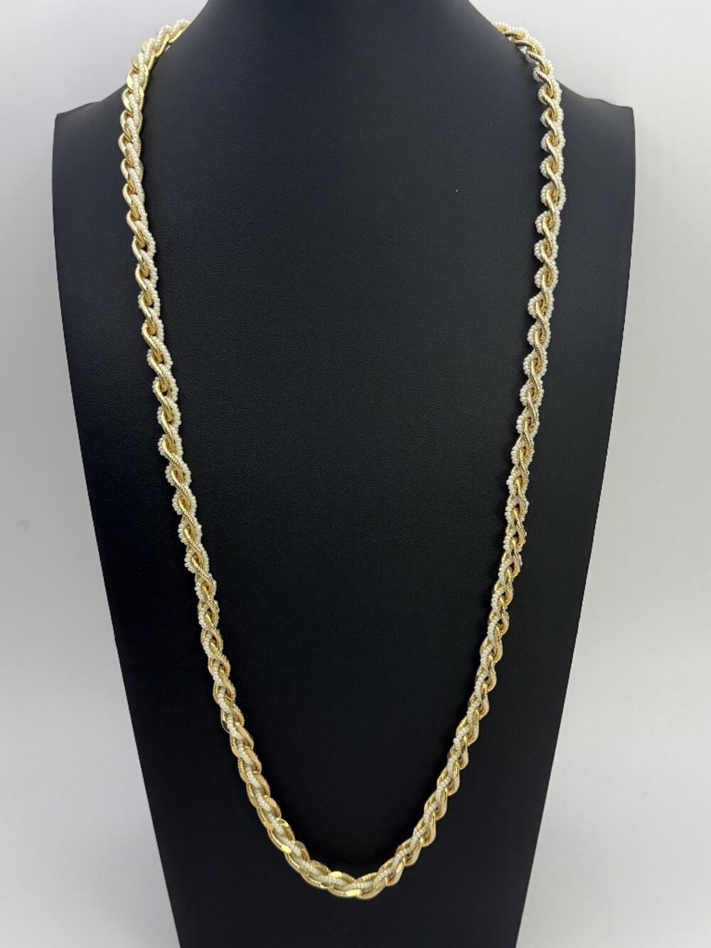 Crown Trifari Twisted Rope Necklace Faux Seed Pearl Opera Length 29” Vintage
